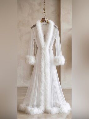 White Sheer Marabou Trim Robe Bridal Be Wicked NWT